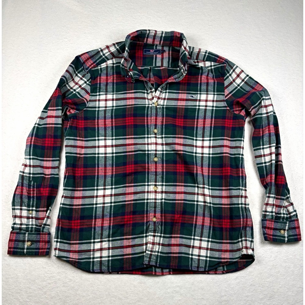 Vineyard Vines Womens L Plaid Flannel Shirt Green Red Tartan Holiday Preppy